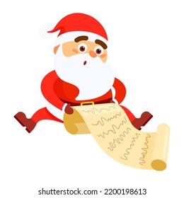 Santa Claus reading letter while sitting on isolated background. Merry Christmas concept. Vector illustration in flat cartoon style