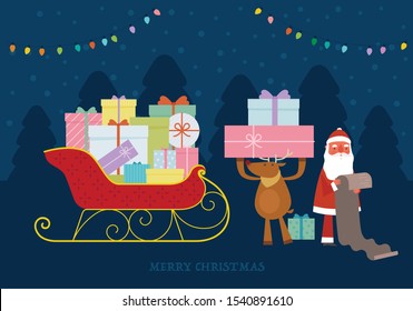 Santa Claus reading a list of gifts. Rudolph reindeer carrying gift boxes in a sled. flat design style minimal vector illustration.