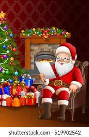 Santa Claus reading a list of gifts in the living room 