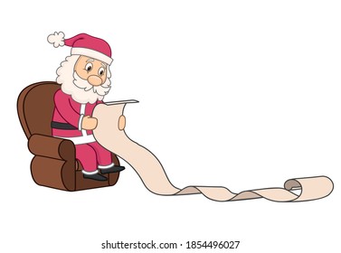 santa claus reading a list sitting in a chair.cartoon vector illustration. isolated on white background