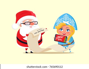 Santa Claus Reading List Of Wishes Shown On Screen Of Mobile Phone, Elderly Man With Beard And Snow Maiden With Gadget, Poster Vector Illustration