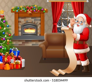 Santa Claus reading a long list of gifts in the living room