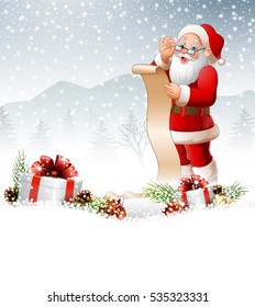 Santa Claus reading a long list of gifts 