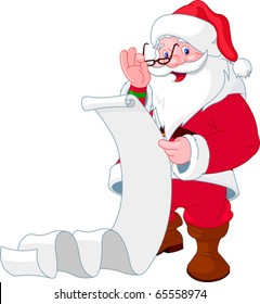 Santa Claus reading a long  list of gifts