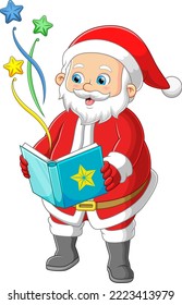 Santa claus leyendo un libro mágico de ilustración