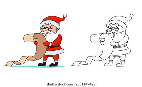 Santa Claus reading wish list. Merry Christmas and Happy New Year. Black and white vector illustration for coloring book with example in color