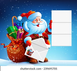 Santa Claus reads a letter of congratulation. In his hands he holds a festive envelope. Bag with gifts, sweets and surprises. Happy New Year. Merry Christmas. Vector. Icon.