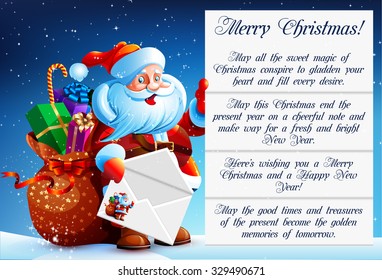 Santa Claus reads a letter of congratulation. In his hands he holds a festive envelope. Bag with gifts, sweets and surprises. Happy New Year. Merry Christmas. Vector. Icon.