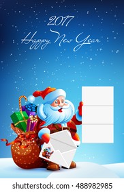 Santa Claus reads a letter of congratulation. In his hands he holds a festive envelope. Next bag with gifts, sweets and surprises. Happy New Year. Merry Christmas. Vector. Icon.