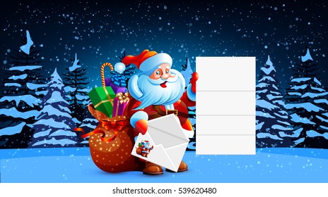 Santa Claus reads a letter of congratulation. In his hands he holds a festive envelope.  Bag with gifts stands next to character, sweets and surprises. Happy New Year. Merry Christmas. Vector. Icon.