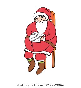 Santa Claus lee una carta mientras se sienta en una silla aislada de fondo blanco