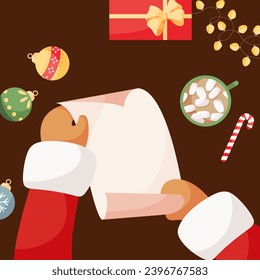 Santa Claus reads letters with Christmas wishes from children at the table. Hands holding a letter. For Christmas cards, banners, tags and labels. Holiday cartoon character