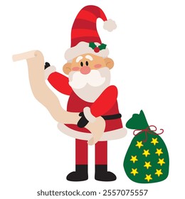 Santa Claus reads a long list of gifts vector cartoon illustration