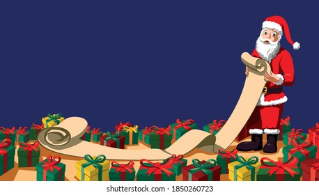 Santa Claus reads a long wish list. Gift boxes. Empty copy space. Advertising idea. Vector illustration.