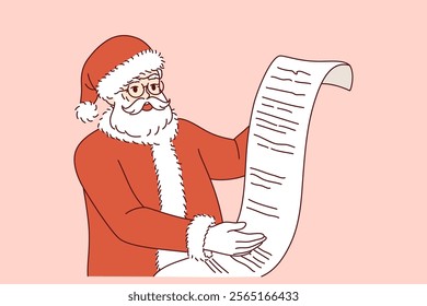 Santa claus reads wish list and rejoices at approaching new year or christmas holidays. Santa claus in red clothes is preparing to deliver gifts for children, on eve of december festives