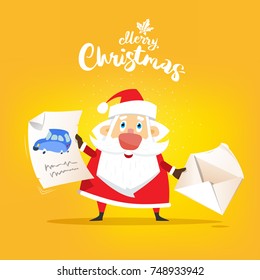 Santa Claus receive a letter of wish about car. Vector, illustration, flat 