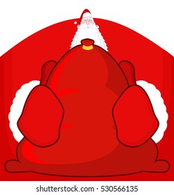 Santa Claus and red bag. Big sack with gifts. Giving present at Christmas. New Year illustration. xmas template
