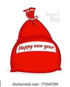Santa Claus red bag. Big sack for gifts. Symbol of Christmas and New Year isolated on white background. Vector illustration. Cartoon style