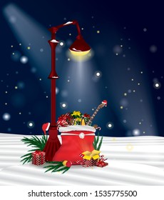 Santa Claus red bag with christmas gifts under street lamp flyer banner. Winter snow New Year presents and fir branches. Vector art illustration