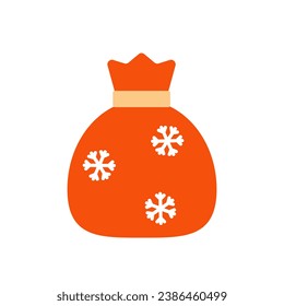 Santa Claus red bag. Closed Christmas bag with gifts. Santa's Red Bag Icon with Snowflakes. Christmas decorative element. Decoration for greeting cards, posters, patches, emblems. Vector in flat style