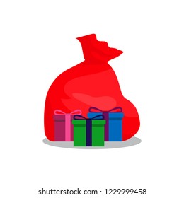 Santa claus red bag and gift boxes. Vector illustration.