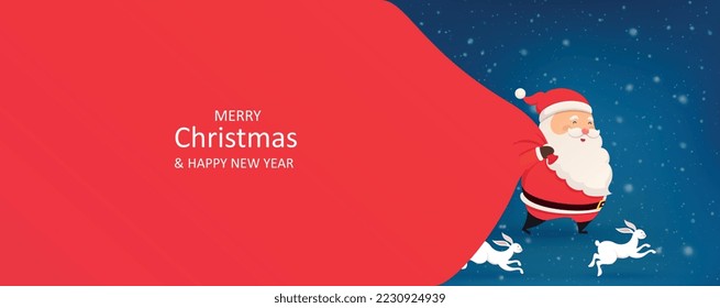 Santa claus with red bag of gifts on snowy blue background and jumping bunnies. Merry Christmas and Happy New Year of the rabbit.