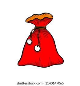 Santa Claus red bag isolated on white. Big Christmas sack Winter holidays concept. Container for xmas gifts and presents. Vector illustration in cartoon style flat design
