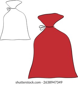 Santa Claus red bag isolated on white. Vector graphic line ink illustration. Winter holidays concept. Container for xmas gifts and presents. Sample poster, invitation, holiday banner, postcard.
