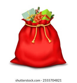 Santa Claus red bag loaded with Christmas gifts realistic vector illustration. Holiday sack with presents 3d object on white background