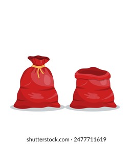 Santa Claus red bag and Open empty sack Santa Claus. Red big bag for gifts. Christmas and new year holiday bag. Vector illustration in flat style