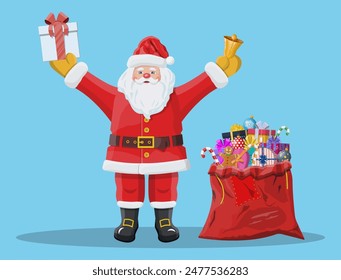 Santa claus with red bag with presents, gift boxes, jingle bell. Happy new year decoration. Merry christmas holiday. New year and xmas celebration. Vector illustration in flat style