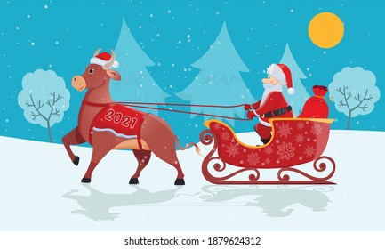 Santa Claus with red bag rides big bull sleigh on Christmas on winter nature background.