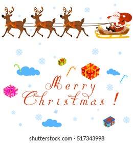 Santa Claus with red bag and three deers. The sleigh and reindeer beautifully decorated with golden pattern. From the sky falling gifts.