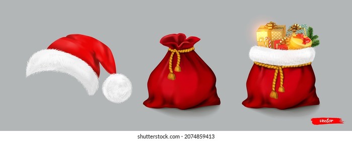 Santa Claus red bags and Santa hat. Open and closed Christmas bags with gifts. Realistic vector illustration