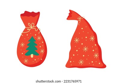 Santa Claus red bags isolated on white. Big Christmas sacks with yellow ribbon. Winter holidays concept. 