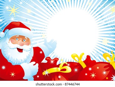  Santa Claus and red bags. Vector illustration of Santa Claus, red bags with christmas gifts, many stars on background with copy space for your text