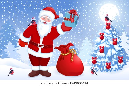 Сartoon Santa Claus with red big bag and gift box in his hand and bullfinch on his shoulder and spruce with Christmas balls. New Years winter landscape with forest firs and glowing moon.