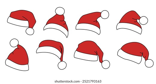 Papai Noel Red Cap clip art sticker set. Chapéu Clipart Santa Claus em estilo de desenho animado plano. Ilustração Vetor Natal Festivo isolado no fundo branco.