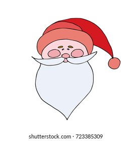 Santa Claus in Red Cap with pompon mustache with a beard isolated on white background. Flat style,icon. Festive Cristmas poster.Vector illustration