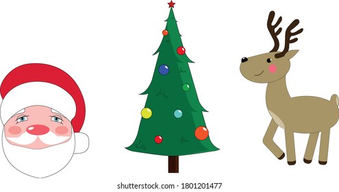 Santa Claus in a red cap and with a snow-white beard smiles. a deer with large antlers and ruddy cheeks kicks with its hooves. beautiful green Christmas tree, decorated with bright balls.