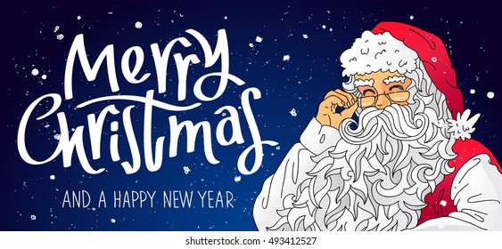 Santa Claus in a red cap. Vector illustration on a blue background. Trend calligraphy. Elements for design. Great holiday gift card. Merry Christmas and happy new year.