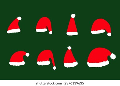 Santa Claus Red Cap with white pompon isolated. Santa Claus hat, flat cartoon style. Festive Cristmas Vector illustration.