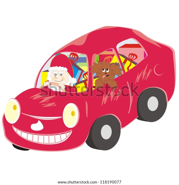 Santa Claus\
and red car,  funny vector\
illustration