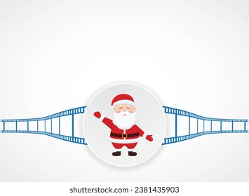 Santa Claus in red christmas hat with hands up icon on film reel background