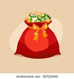 Santa Claus red Christmas sack with gifts. Vector illustration