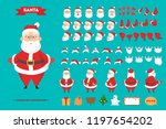 Santa Claus in red clothes character set for the animation with various views, hairstyle, emotion, pose and gesture. Happy old man with white beard. Isolated vector illustration in cartoon style
