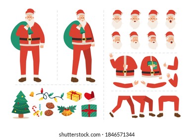 Santa claus in red clothes. Character for animation with various facial expressions, hand gestures, body and leg movement illustration