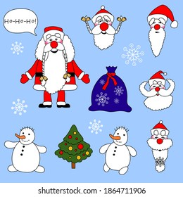 Santa Claus in red clothes. Character set with various faces, hairstyle, moustache and beard. Happy old man with white beard. Isolated vector illustration in cartoon style.