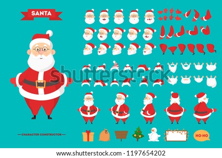 Santa Claus in red clothes character set for the animation with various views, hairstyle, emotion, pose and gesture. Happy old man with white beard. Isolated vector illustration in cartoon style