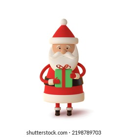 Santa Claus in red clothes with gift, realistic 3d character  isolated on white. For Christmas cards and banners. Vector illustration